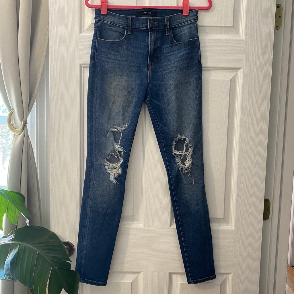 J Brand High-Rise Med-Wash Skinny, Hole In Knees Denim Jeans